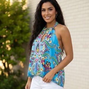 NEW with Tags Rachel Zoe Halter Neck Paisley Print Top Womens Size M Blue